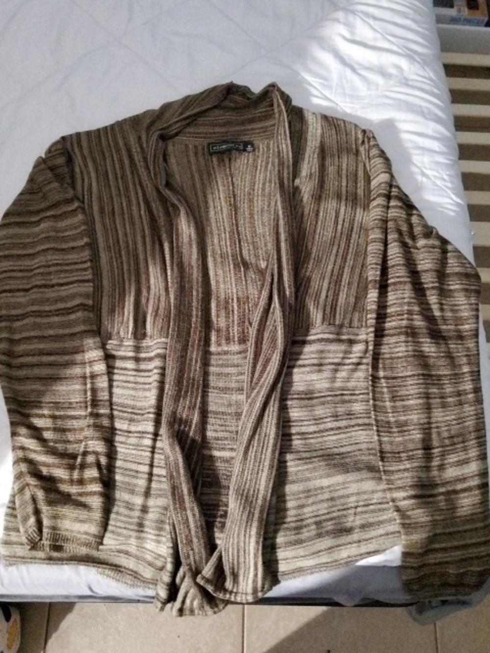 Elementz Ribbed Open-Front Sweater Cardigan in Brown and Beige